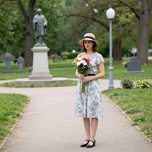 Photograph of a young woman in a white lace dress, straw hat, and black shoes, holding a bouquet of flowers in a serene, tree-lined