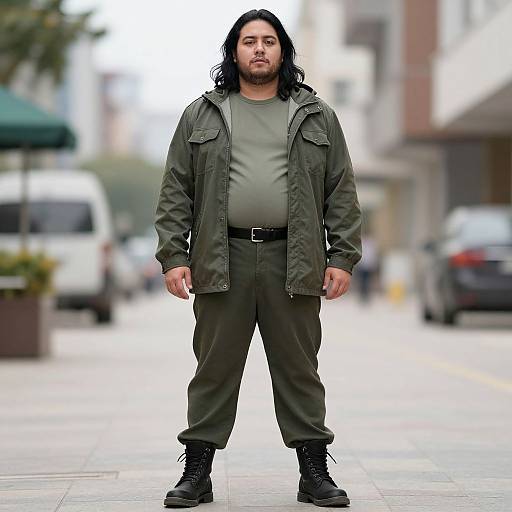 Photograph of a man with long black hair, green military-style jacket, olive shirt, dark pants, black boots, standing confidently on a city street