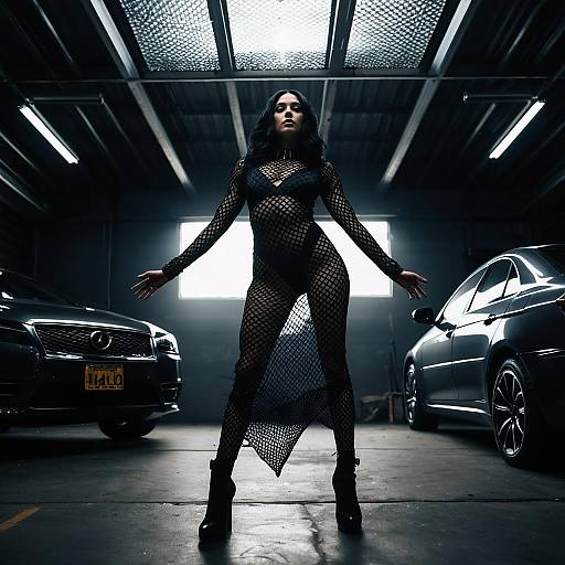 Fashion Model in Sheer Fishnet Dress in Industrial Garage