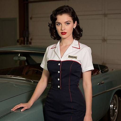 Photograph of a fair-skinned woman with dark, wavy hair, wearing a 1950s-style black and white mechanic's uniform, standing