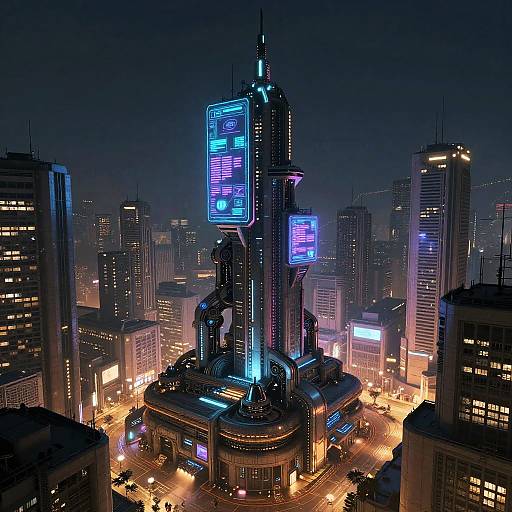 Neon-lit futuristic skyscraper with illuminated screens at night, surrounded by glowing city buildings and busy streets in a digital art style.