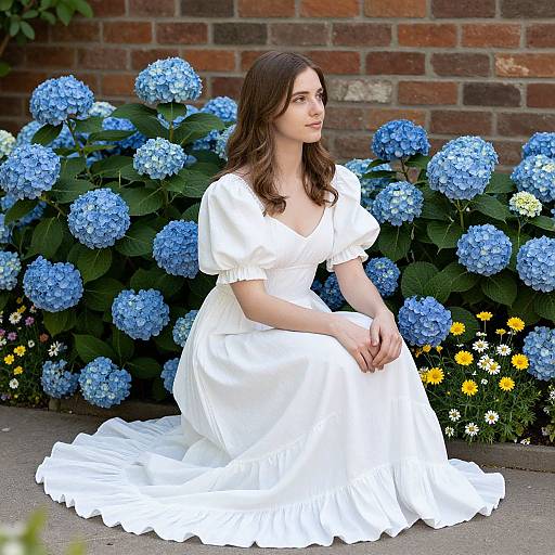Photograph of a young woman with fair skin, dark brown wavy hair, wearing a white, short-sleeved, V-neck wedding dress,