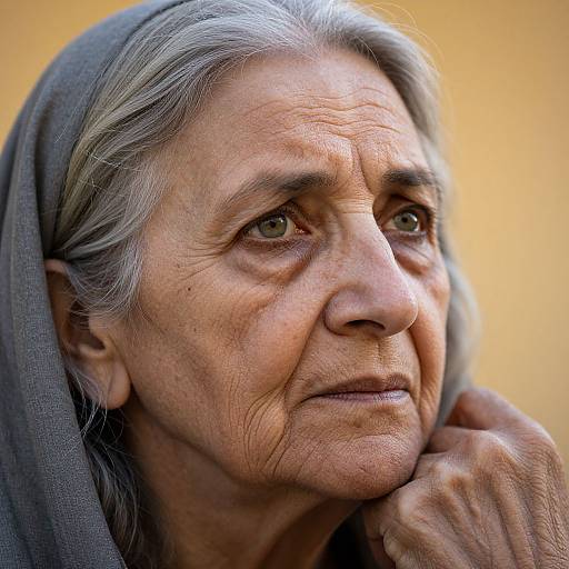 Close-up photograph of an elderly Indian woman with gray hair, wrinkled skin, and deep brown eyes, wearing a gray headscarf, gazing