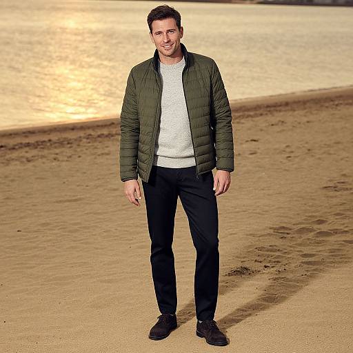 Photograph of a smiling man with short dark hair, wearing a green quilted jacket, white sweater, black pants, and black shoes, standing on