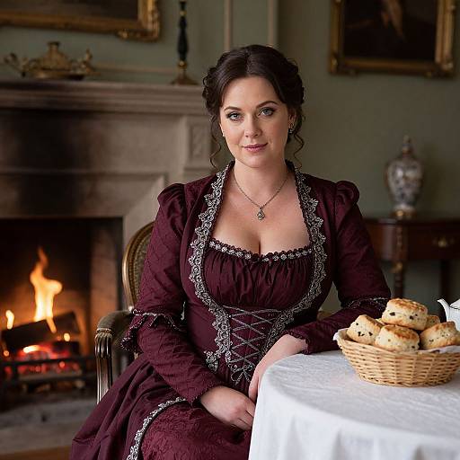 Photograph of a fair-skinned woman with dark hair in a Victorian-style maroon dress, sitting by a lit fireplace, holding a basket of s
