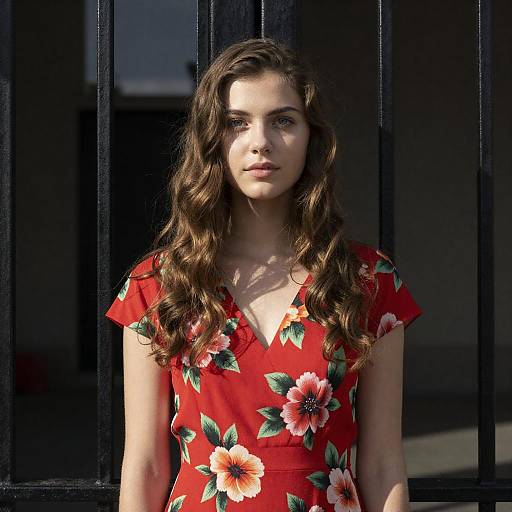 Young Woman in Red Floral Dress Behind Iron Gate