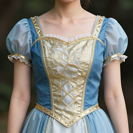 Photograph of a woman in a blue and gold medieval-style dress with puffed sleeves, lace-up bodice, and detailed embroidery, against a blurred