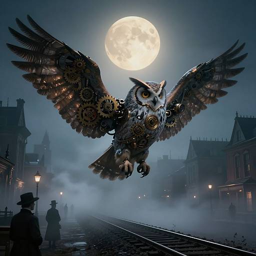 Steampunk owl with gears and clockwork wings soaring over a foggy, moonlit Victorian street, with silhouetted figures watching below.