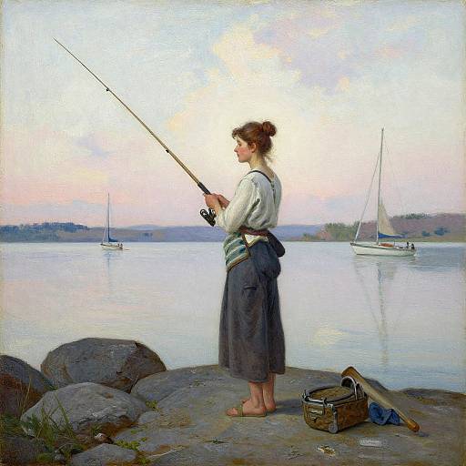 Serene Woman Fishing on Rocky Shoreline