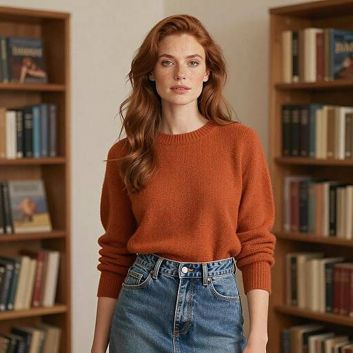 Photograph of a red-haired woman with wavy hair, wearing an orange knit sweater and high-waisted blue jeans, standing in a library with