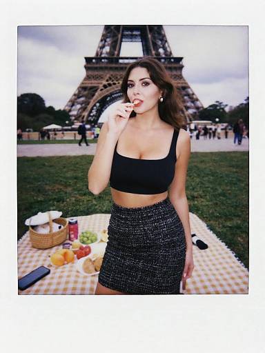 Photograph of a brunette woman with large breasts in a black crop top and gray skirt, eating a strawberry in front of the Eiffel Tower,