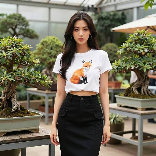 Urban Chic Woman in Bonsai Garden