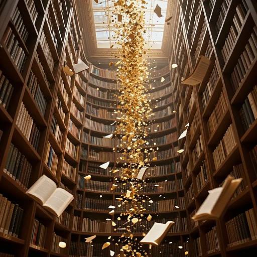 Photograph of a grand library with tall, curved bookshelves, golden confetti and papers flying upward from the center, illuminated by natural light from