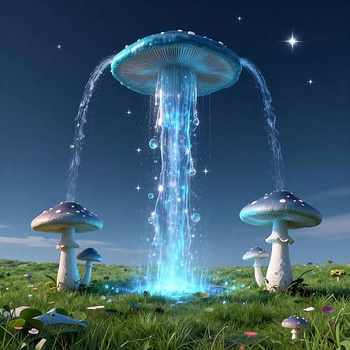 Digital artwork: Three glowing mushrooms with waterfalls pouring from the largest, set in a grassy field under a starry night sky.