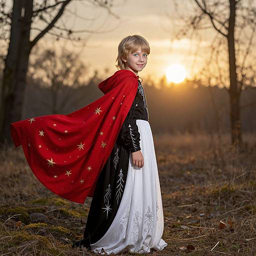 Photograph of a young blonde girl with blue eyes, wearing a red starry cape, black and white dress, standing in a forest at sunset,