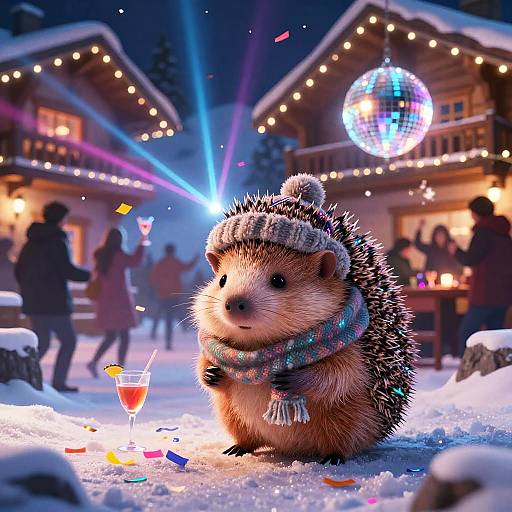 Photorealistic digital art: Adorable hedgehog in winter hat and scarf, surrounded by colorful confetti, glowing cocktail, festive snow-covered cabin,