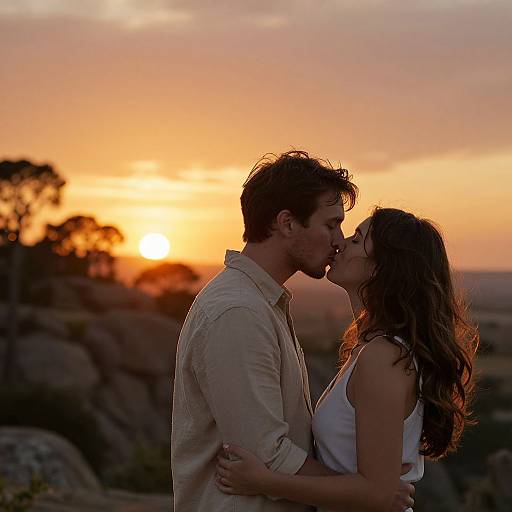 Photograph of a couple kissing at sunset, silhouetted against a vibrant orange sky, with rocky landscape and trees in the background.