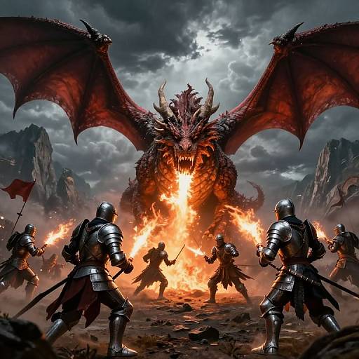 Digital fantasy artwork: Armored knights in battle stance face a roaring, fiery-eyed red dragon with massive wings, surrounded by intense flames under a stormy