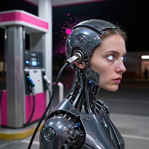 Photorealistic CGI of a cybernetic woman with glowing blue eyes, metallic headgear, and exposed circuitry at a pink-and-white gas pump