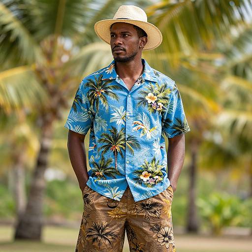 Photograph of a dark-skinned man in a blue floral shirt, tan pants, and straw hat, standing against a blurred tropical background of palm trees