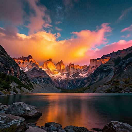 Photograph of a vividly colorful mountain sunset with orange and pink clouds, reflecting on a calm, rocky lake, surrounded by dark, jagged peaks