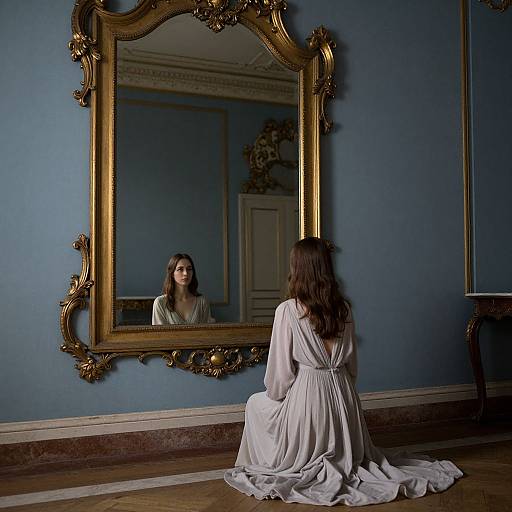 Photograph of a woman with long brown hair, in a white, flowing dress, sitting on a wooden floor, gazing at her reflection in an