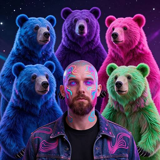 Neon Psychedelic Man with Bears