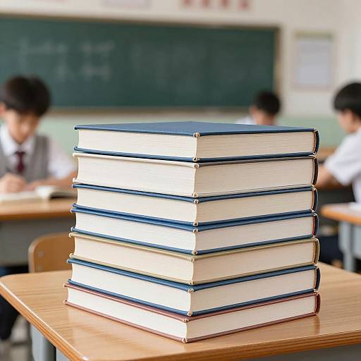 Photograph of a tall stack of five thick, white-bound books with blue covers on a wooden classroom desk, with blurred students in the background.