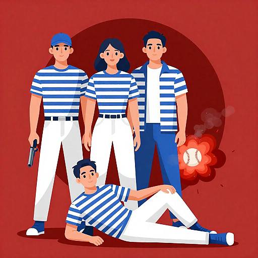 Group in Striped Blue and White Clothing with Baseball and Gun