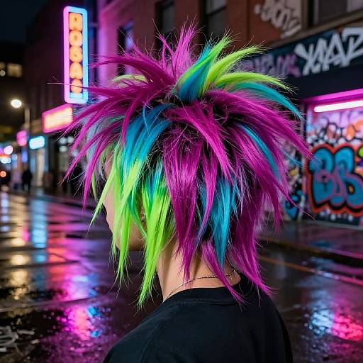 Photograph of a person with vibrant, neon-colored, spiky hair (purple, pink, blue, green) on a rainy, neon-lit