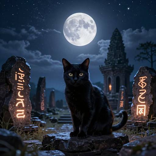 Photograph of a black cat with glowing green eyes, sitting between two illuminated stone tombstones under a full moon, with an ancient temple in the background