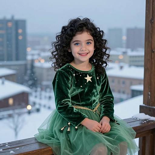 Photograph of a smiling young girl with curly black hair, wearing a green velvet dress with stars, sitting on a snowy balcony. Urban buildings and snow