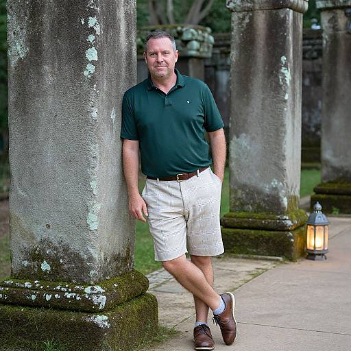 Man in Golf Attire by Ancient Pillars