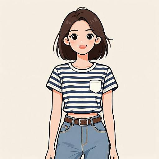 Digital anime-style drawing of a young woman with short brown hair, wearing a striped shirt, blue jeans, and a brown belt.