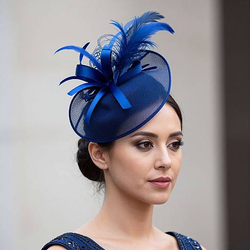 Photograph of a fair-skinned woman with dark hair in an updo, wearing a blue feathered and mesh fascinator, and a sparkly