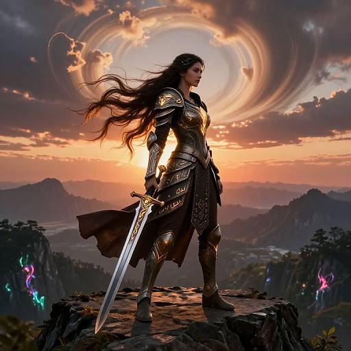 Epic fantasy illustration: Dark-haired warrior woman in golden armor stands on rocky peak, holding sword, with glowing sunset and mystical clouds behind, mountains and