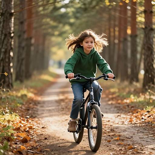 Little Girl Biking Through Autumn Pines