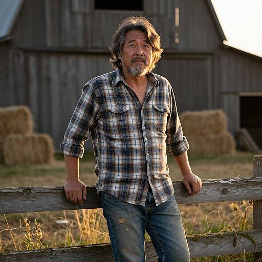Photograph of a middle-aged man with shoulder-length brown hair and a beard, wearing a plaid shirt and jeans, leaning on a wooden fence in