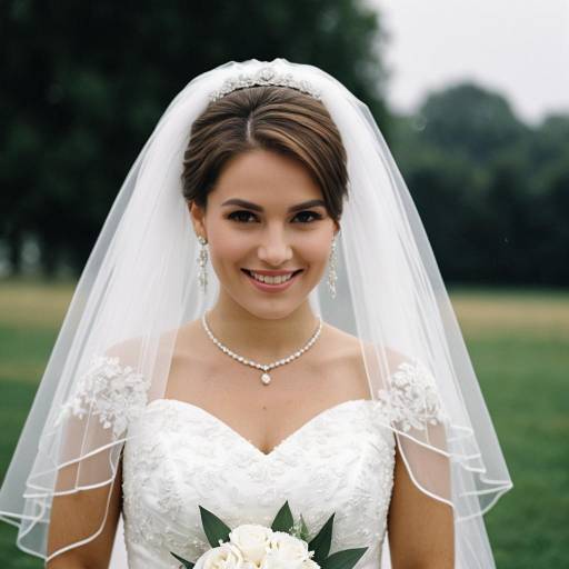 Smiling Bride in White Wedding Dress