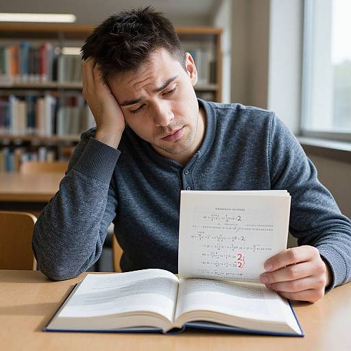 Thoughtful Man Studying Math in Library