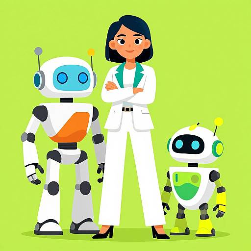 Digital cartoon: A smiling woman in a white lab coat stands between two robots, one tall with blue face, one small with green chest. Bright yellow