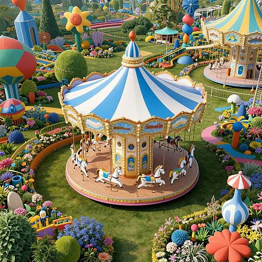 Vibrant, whimsical digital painting of a colorful carousel with white unicorns, surrounded by a blooming garden, oversized flowers, and playful structures