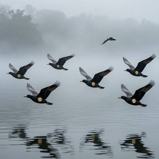 Photograph of six black birds with yellow-ringed eyes flying over a misty, reflective lake, their silhouettes mirrored in the water.