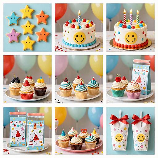 Colorful birthday collage: star decorations, candle cakes, cupcakes, cupcake tower, party bags, and gift boxes with balloons in background. Bright,