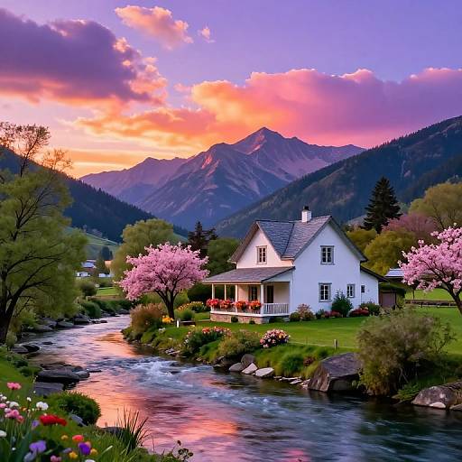 Photograph of a white house with a porch, surrounded by pink cherry blossoms, beside a flowing river, with mountainous sunset sky in the background
