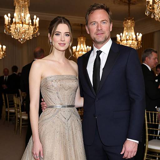Photograph of a man in a black suit and tie, and a woman in a sparkling strapless gown, standing closely together in an elegant, ch