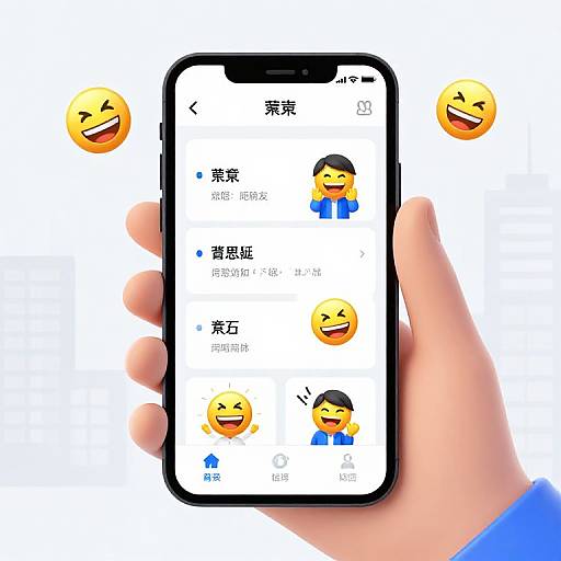 Photograph of a hand holding a smartphone displaying a Chinese emoji app with cartoon faces and text, surrounded by three yellow laughing emoji faces on a white background