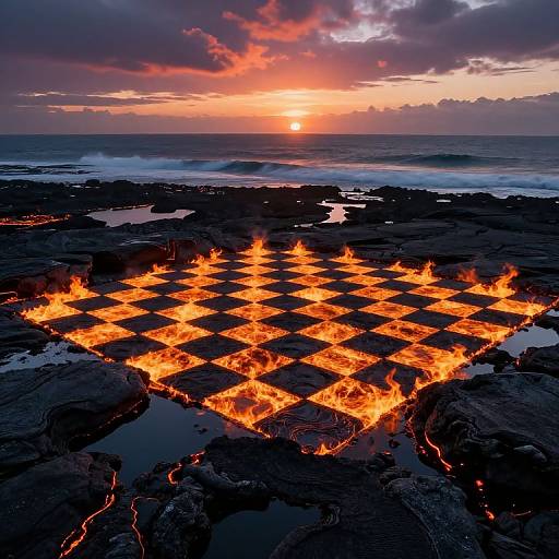 Photograph of a fiery chessboard on a dark, rocky shoreline at sunset, with waves crashing in the background and dramatic clouds overhead.