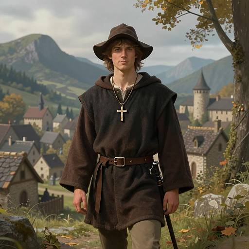 Young Man in Medieval Pilgrim Costume by Village