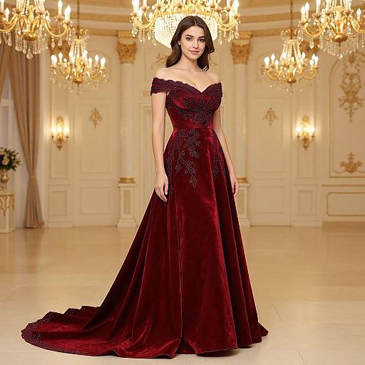 Photograph of a dark-haired woman in an off-shoulder, deep red velvet gown with intricate detailing, standing in an opulent, chandelier
